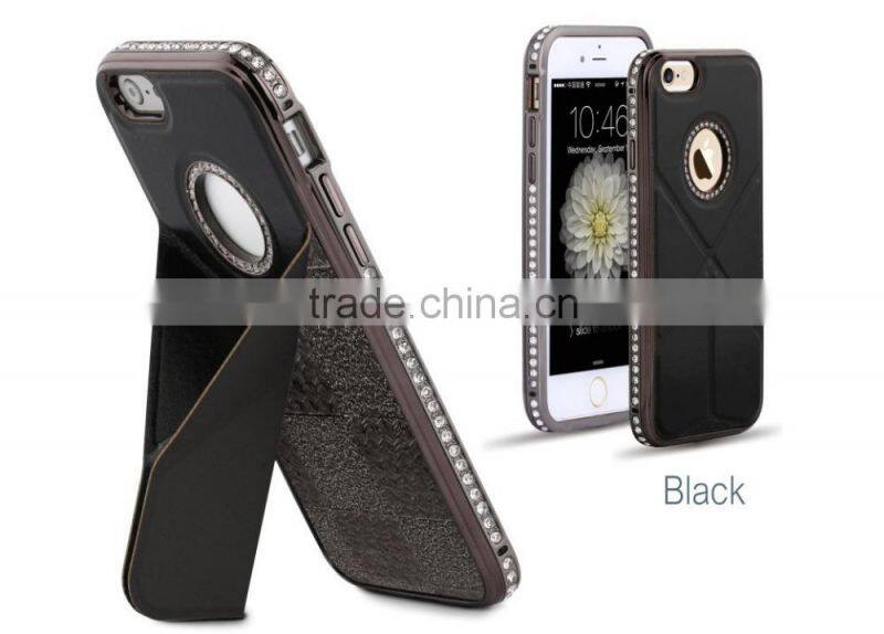 Luxury Plaid Pattern Cowhide Leather Back Cover with Kickstand Diamond Chrome Edged Bumper Hard Case for Iphone6 6plus