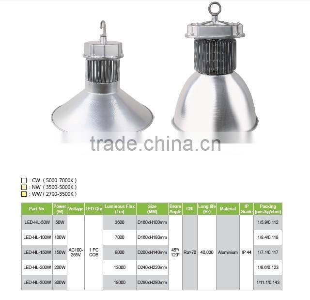 Warranty 3 years aluminum IP44 with Powerful COB 50W 100W 150W 200W 300W led high bay