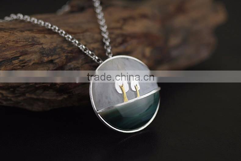 2016 China Style Plants On The River Side 925 Sterling Silver Agate Necklace Pendant for Women Fashion Necklace Jewelry