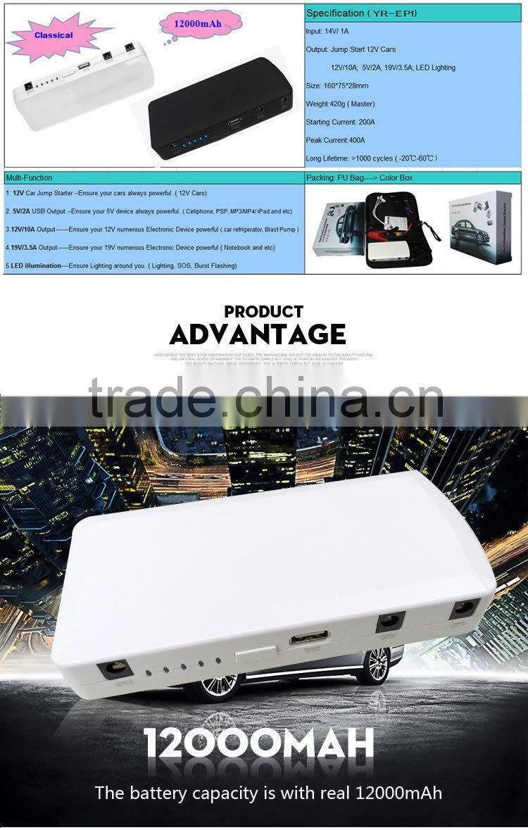 12000mAh 12v 3 in 1 USB interface, glare LED flashlight, 8 laptop adapters emergency12v mini snap on emergency car jump starter