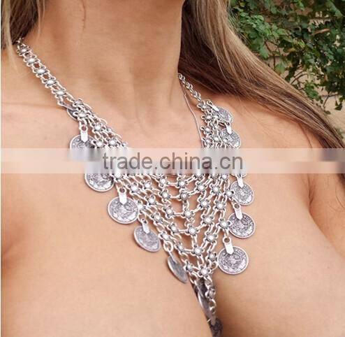 New Gypsy Boho Ethnic Silver Plated Alloy Coin Tassel Charm Necklace