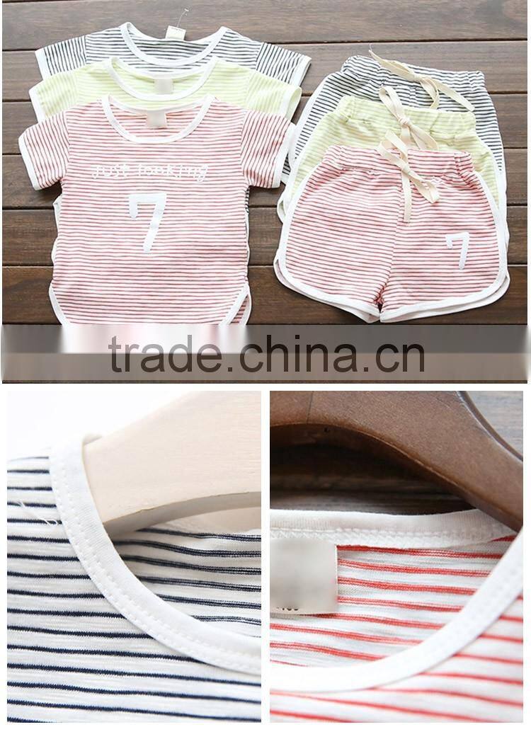Factory Price Summer Popular Soft Cotton Number 7 Printing Stripes Clothing Sets for Children