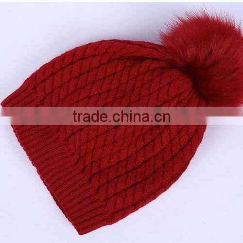 Newest Arrival Winter Warm Crocheted Wool Hat with Fox Fur Pom poms For Fashion Gilrs