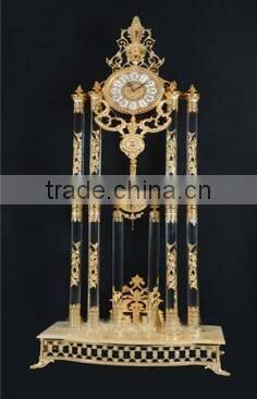 24K Gold Plated Brass Mounted Crystal Clock, Palace Decorated Marble Base Copper Clock