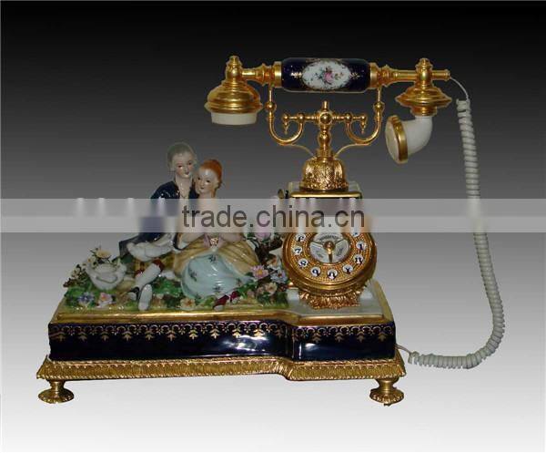 Antique Curio Ceramic Telephone Table Clock, Gold Plated Brass Footed Desk Clock, Collectable Home Decorative Table Clock