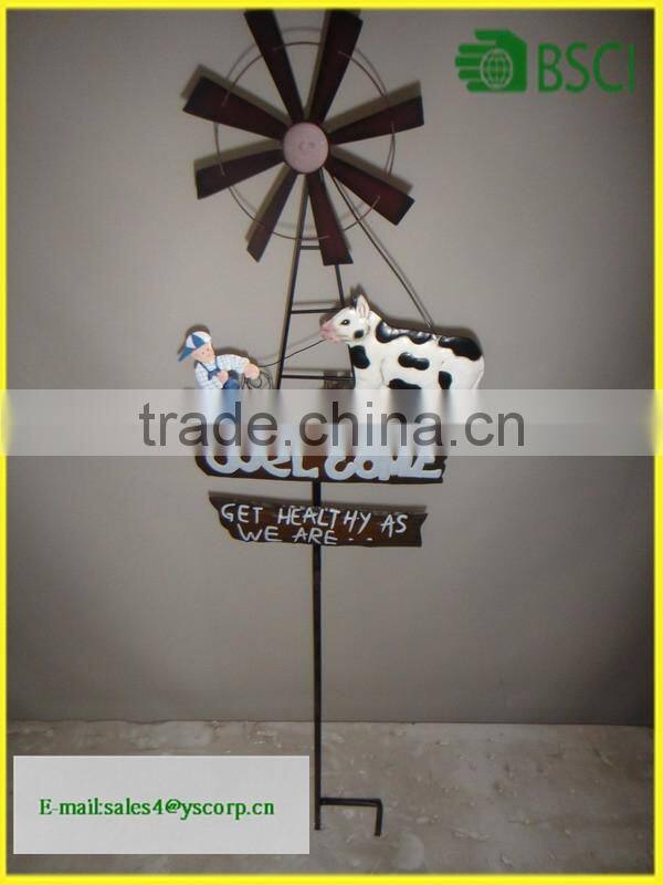 Wholesale Antique welcome sign stand on stakes with metal garden decoration windmill