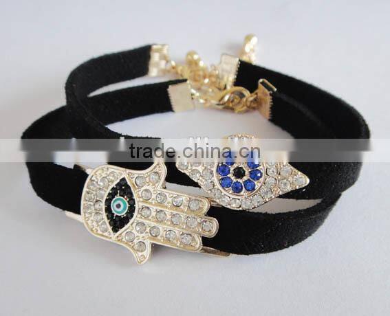 rhinestone inlaid hamsa hand evil eye charm suede leather bracelet