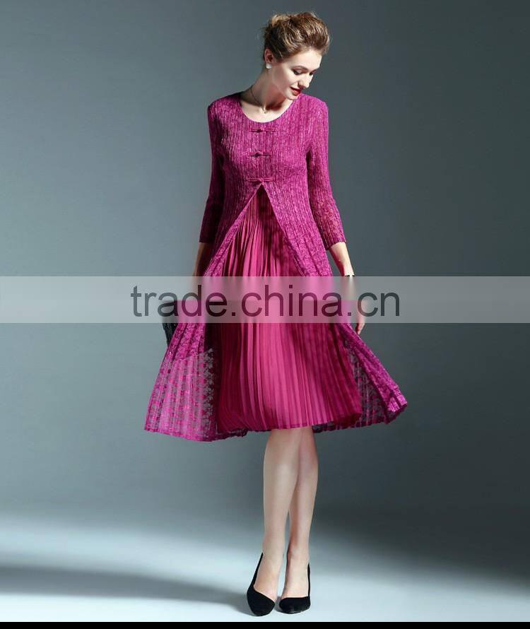 Chinoiserie ladies pleat fake two pieces lace spliced dress