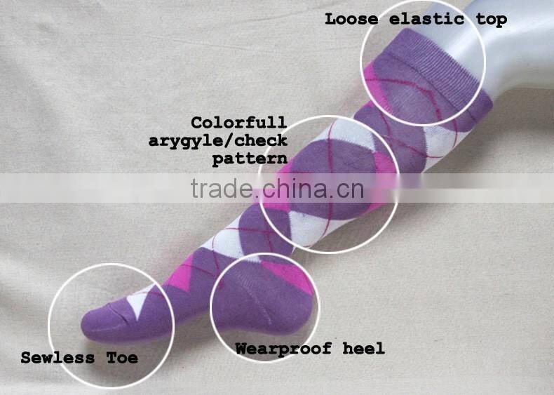 100% cotton comfortable anti-bacterial colorful argyle check dimond pattern lady knee socks