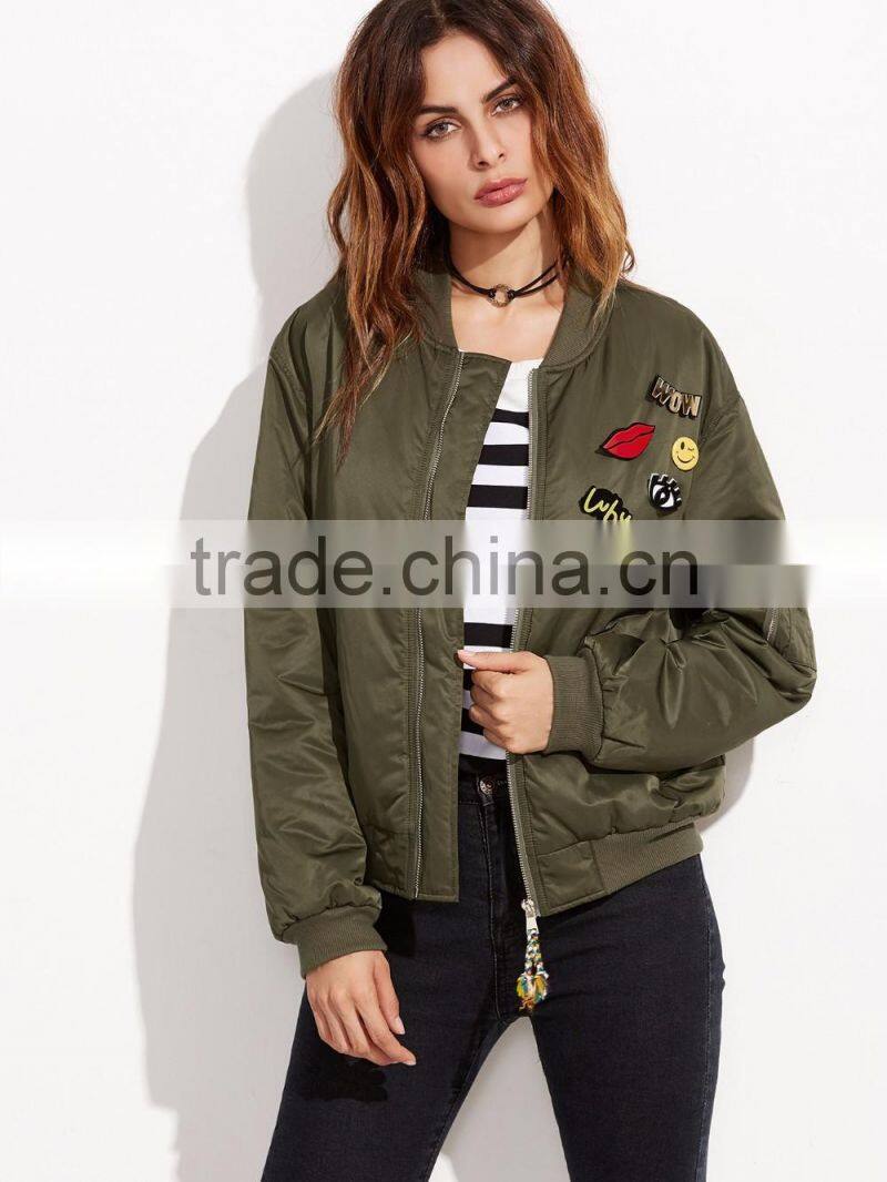 Olive Green Patch Bomber Jacket Wholesale Custom 100% Polyester Lovely Pins Ribbed Trim Satin Winter Jacket
