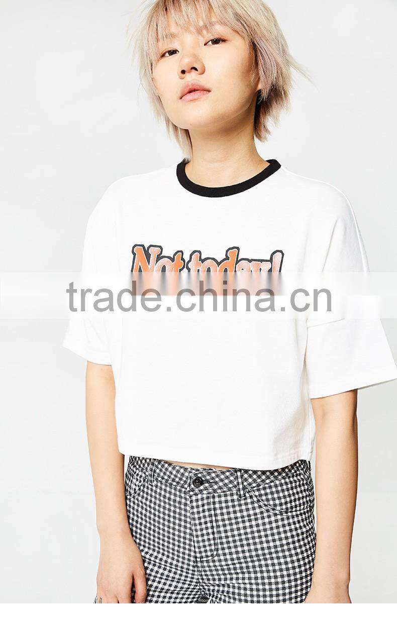 2017 Women 100% cotton patch emboridery drop shoulder Crop Top T Shirt women
