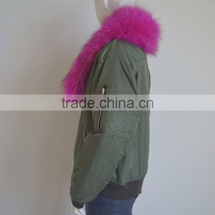 Myfur Customized Polyester MA1 Bomber Jacket with Detachable Dyed Raccoon Fur Collar for Women