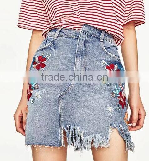 Runwaylover 131 Ladies 2017 Fashion High Waist Embroidery Denim Skirt