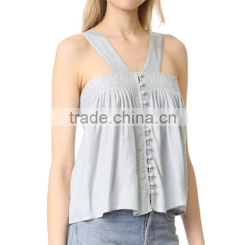 2017 OEM Wide Strapes Front Button Closure Navy Striped Blouse