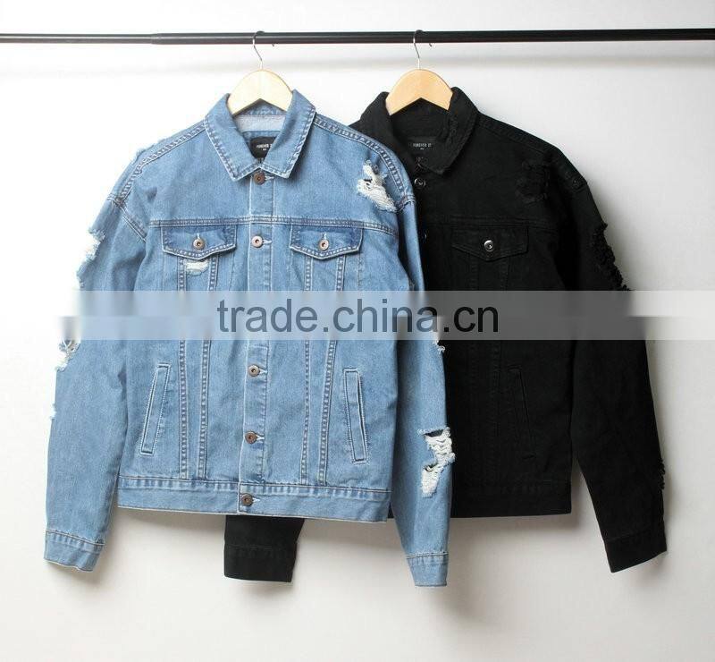 Men's washed distressed cotton/spandex button-up denim jacket with holes