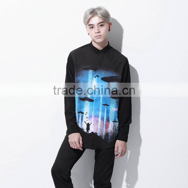 new design slim fit black shirt with printing , twill fabric printed man shirt,100% cotton long sleeve shirt