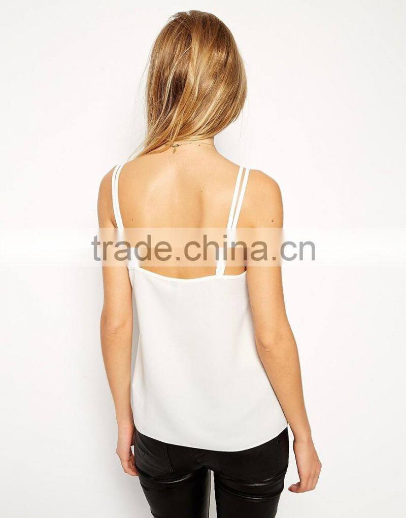 2016 Guangzhou Shandao Factory High Quality Summer Fashion Sexy Spaghetti Strap White Chiffon Latest Design Girls Top