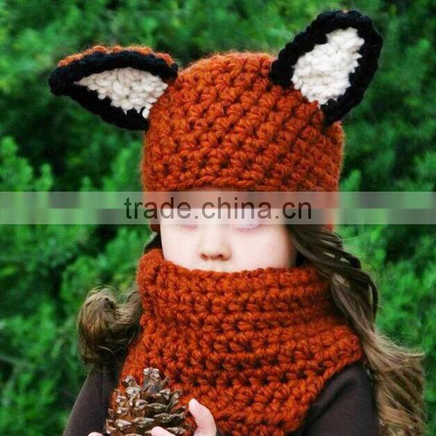 hot sale winter lovely fox crochet beanie hat scarf set for baby