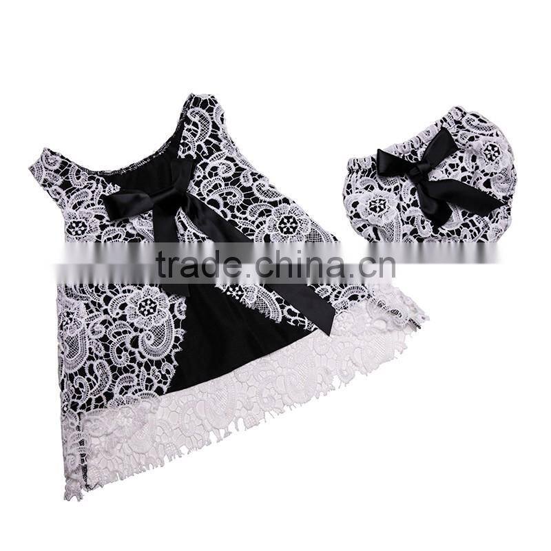 2016 fashion wholesale clothes baby girls lace trimmings boutique outfits sleeveless bow cotton romper sets