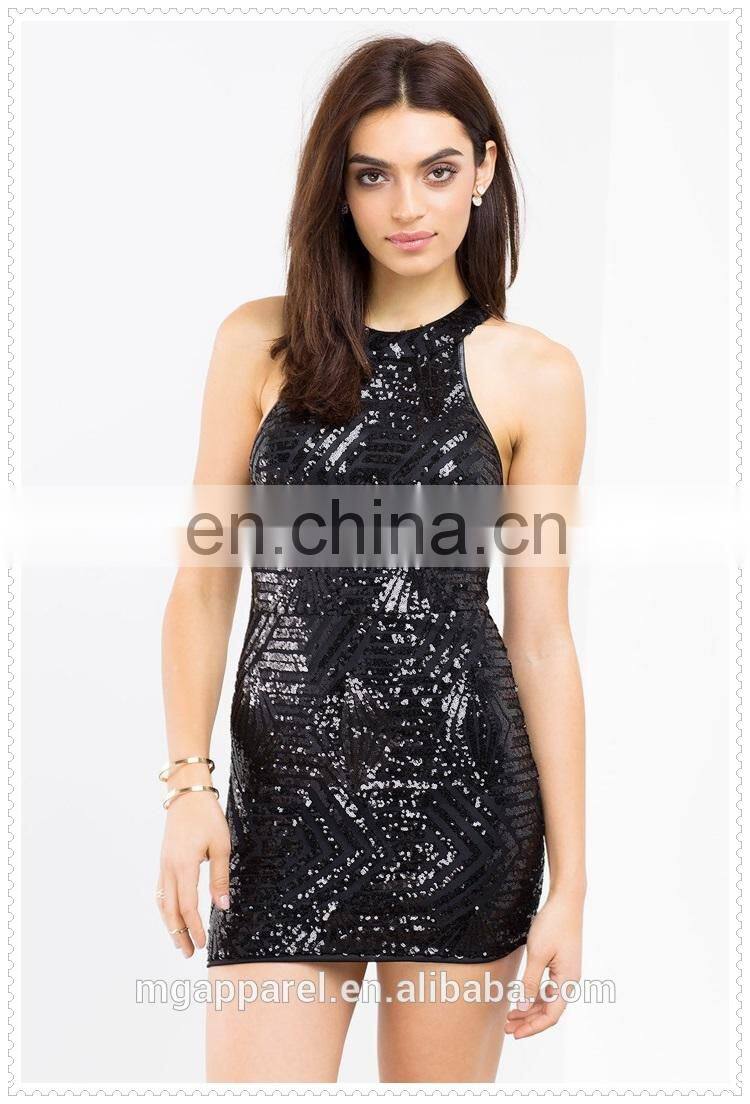 women halter neck strappy back short hem gothic sequin dress sleeveless