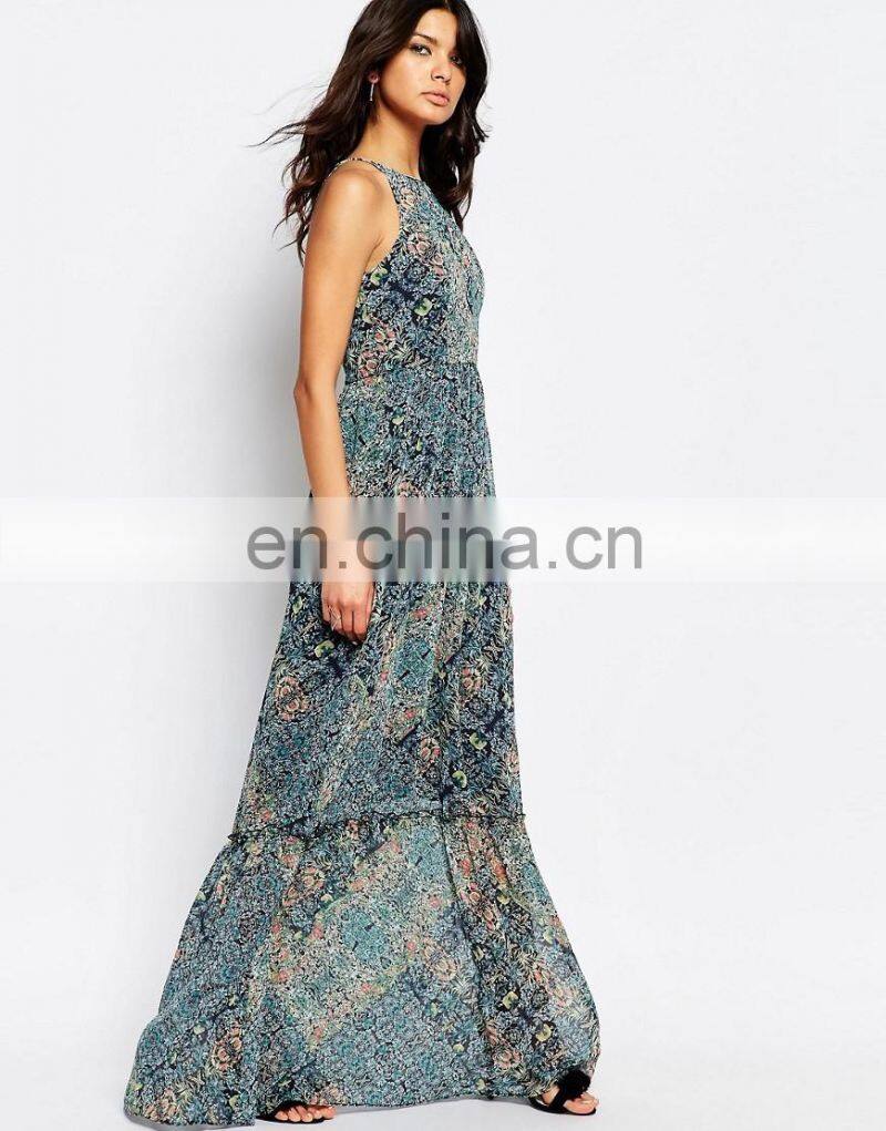 2016 Summer Europe printed loose sleeveless laides fancy long maxi dress