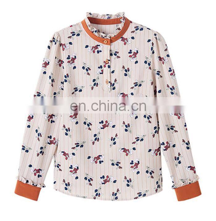 Fashion Floral Print Pullover Shirts Frill Hem Collar Cuff Contrast Color Women Blouses