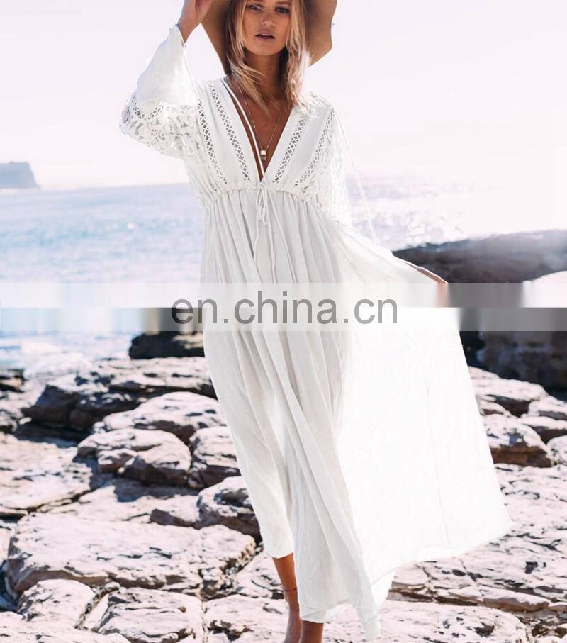 Elegant Lace Patchwork Button Front Open Long Sleeve White Cotton Beach Dress Women Swimwear Cover Up Beach Tunic Plus Size