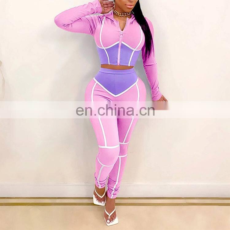 2020 Fall Fashion Woman Clothes Round Neck Crop Top High Waist Pants Two Piece Set