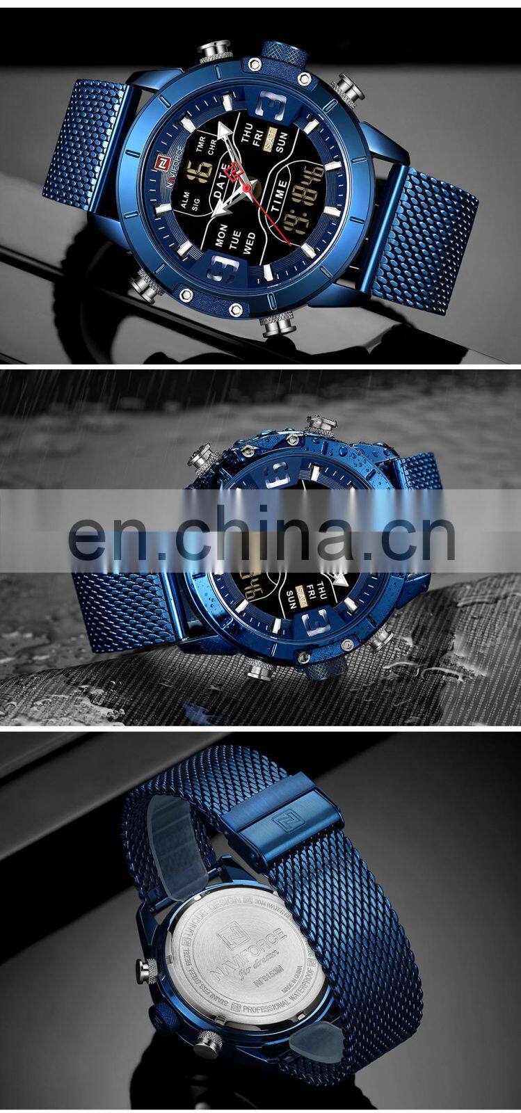 Naviforce 9153 custom blue fashion men quartz wrist watch chronograph private label oem analog digital display led watches