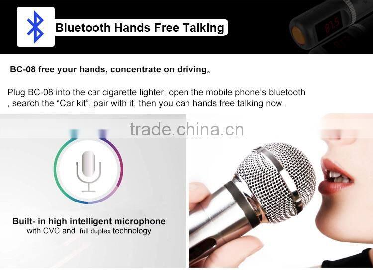 Free Sample BC08 fm transmitter bluetooth handsfree car kit MP3 player USB car charger