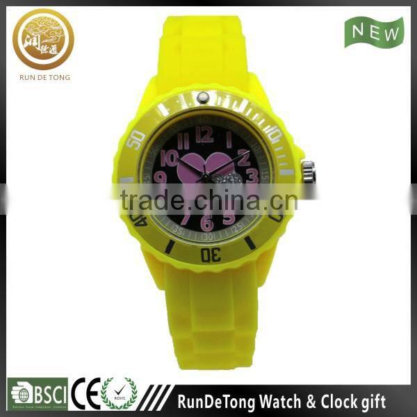 Lovely girls yellow color silicone bracelet watch with pink printing pattern dial
