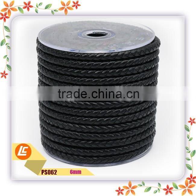6mm Black Braid Cowhide Leather Cord for Making Leather Bracelets