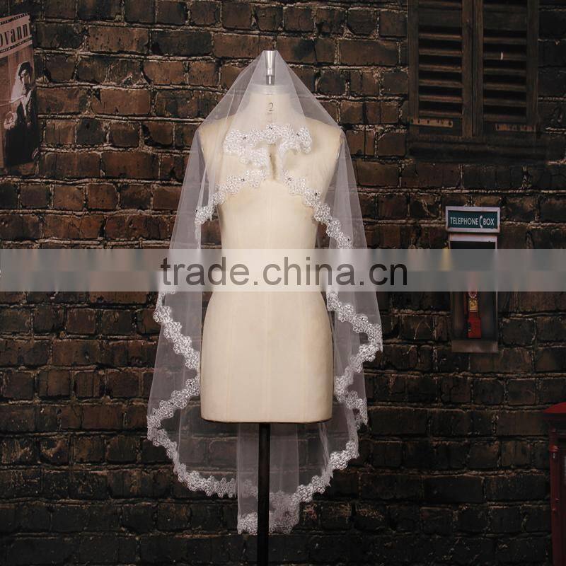 BV1009 2015 New Real Photo Simple Short Wedding Veil Lvory One Layer Lace Purfle Bride Veil