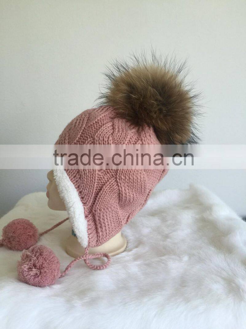 New Design Fur Pom Pom Hats Crochet Baby Hats Children Fur Bobble Hats