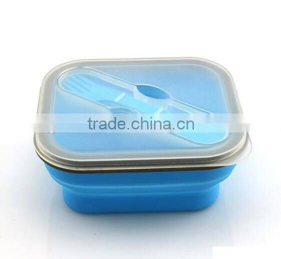 Collapsible 1 Compartment Food Storage Box With Spoon Siliocne Lunch Box