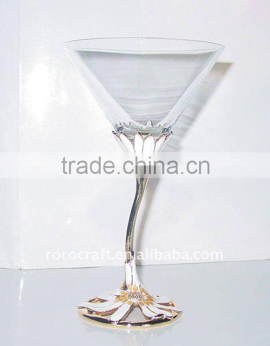 pewter base and stem with enamel color crystal wine glass