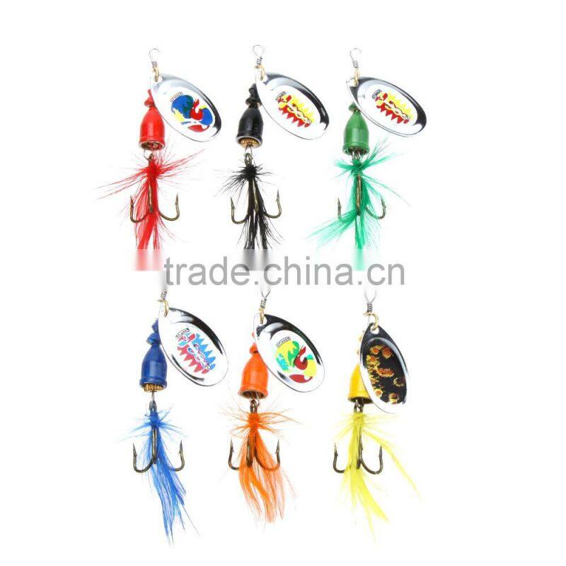 6Pcs 7cm 4g Hard Fishing Lures Spoon Noise Sequin Paillette Baits with Feather Treble Hook Set Tackle