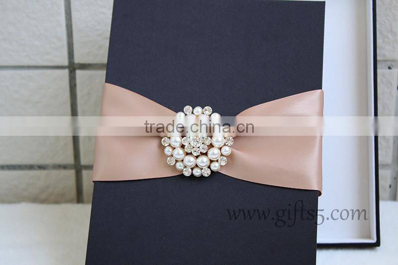 Black Color Silk Wedding Invitation Box With Crown Brooch Embellishment