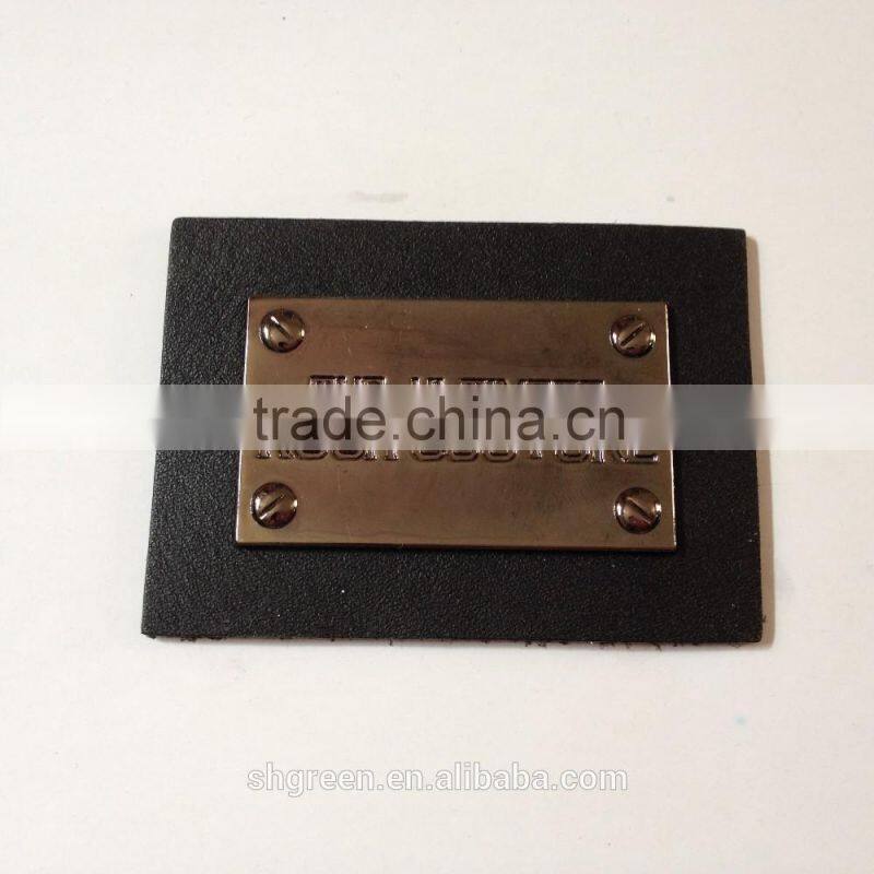 Red leather metal logo tag,metal brand logo leather label