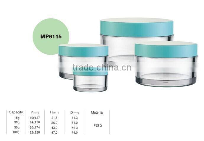 MP6115 PETG PET wholesale cylinder round shape colored cosmetic cream jar and lotion bottle with cap and logo printing