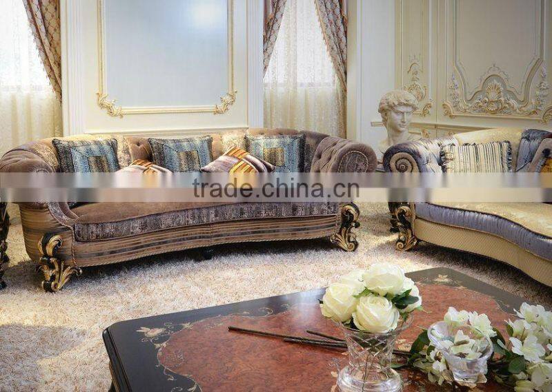 Elegant French New Classic Fabric Upholstered Sectional Sofa / Luxury Palace Hand Carved Wooden Living Room Furniture Sofa Set