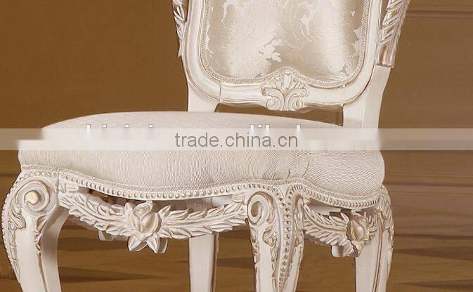 French style solid wood flower hand carving antique finished whith color fabric dining side chair