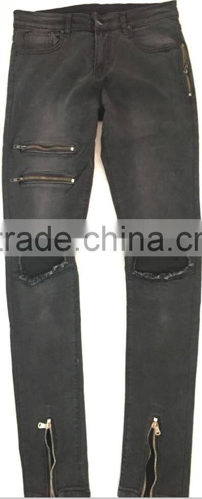 Europe grey black ripped denim pants slim jeans with zip down