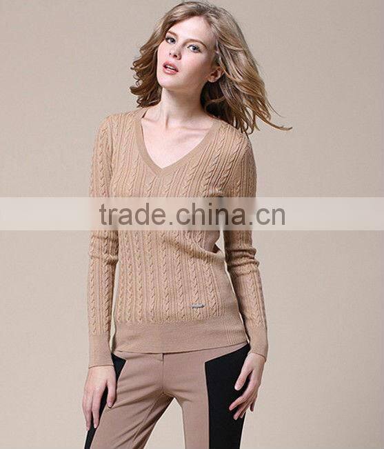 OEM ladies fashion long sleeve V-neck solid vantage woman pullover sweater