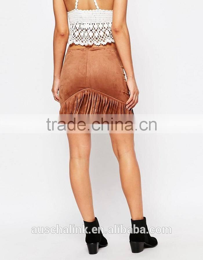 high rise nice design women slim fit fringe brown suede skirt