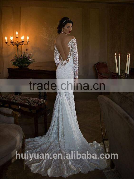 v neck muslim bridal long sleeve lace open back wedding dress