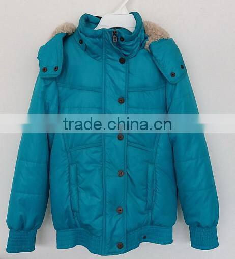 girls sky blue color faux fur cap down jacket for winter