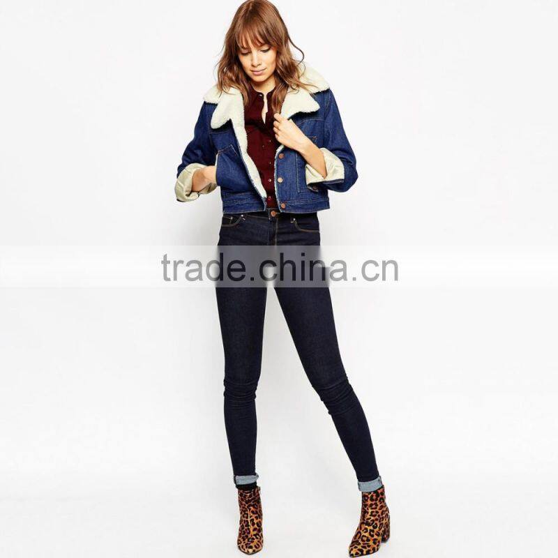 thick crop top warm denim jacket woven wool fabric for winter overcoat