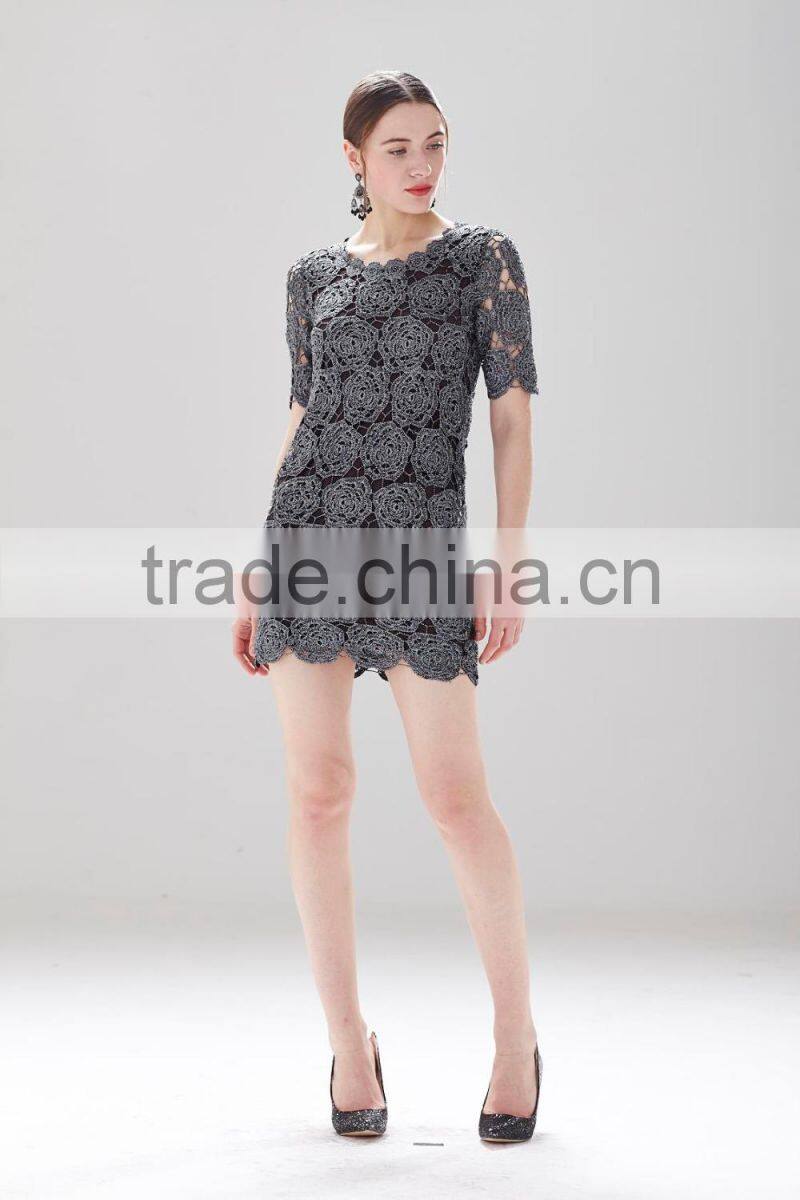 Black Crochet Dress Flower Pattern Cut-out Metallic Effect Dress for Adult SR-D9784