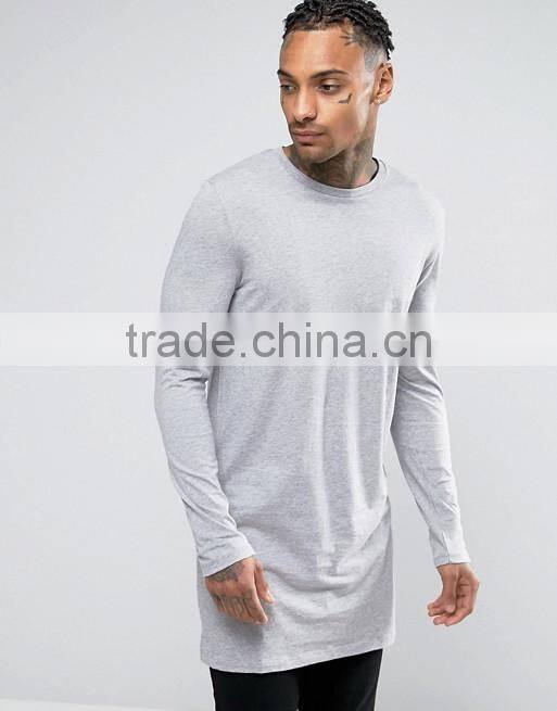 Super Longline Long Sleeve T-Shirt for Men Lightweight 100% Cotton Plain Grey Tall Tee Wholesale Extra Long T Shirt OEM